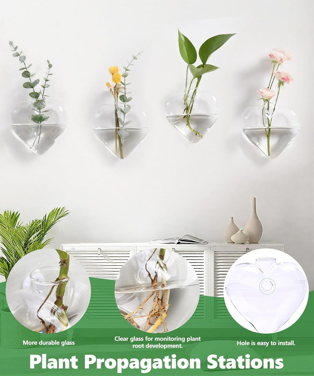Nacome Wall Hanging Glass Planter Terrarium Plant Propagation Station, 4 Pack Heart Shape Vase for Hydroponic Home Office Garden Decor,Unique Gardening Gifts for Plant Lovers Women Mom