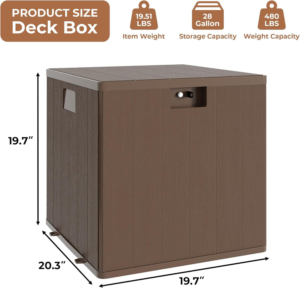 28Gallon Brown Resin Deck Box, Outdoor Storage Box Waterproof Lockable, Patio Square Deck Box For Package Delivery, Outside Storage Box Container for Furniture Cushions, Garden Tools, Pool Accessories
