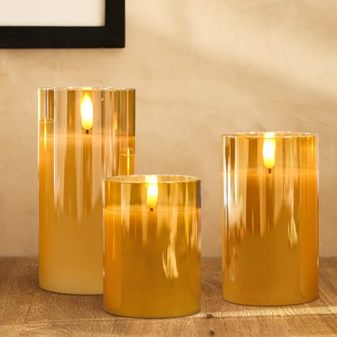 Rechargeable Candles Flickering with Remote, Rechargeable Flameless Candles with Timer, LED Candles Battery Operated with 3D Wick and Charging Cable for Valentine's Day Home Decor(Gold)