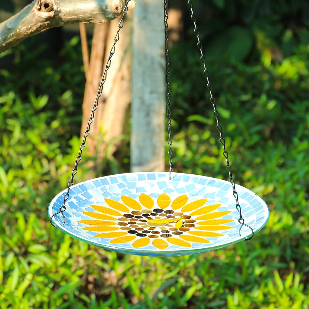 MUMTOP Mosaic Hanging Bird Bath-Bird Baths for Outdoors - 12 Inch Glass Birdbath Bird Water Bowl Bird Feeders for Outside, Garden, Lawn Yard Decor（Sunflower）