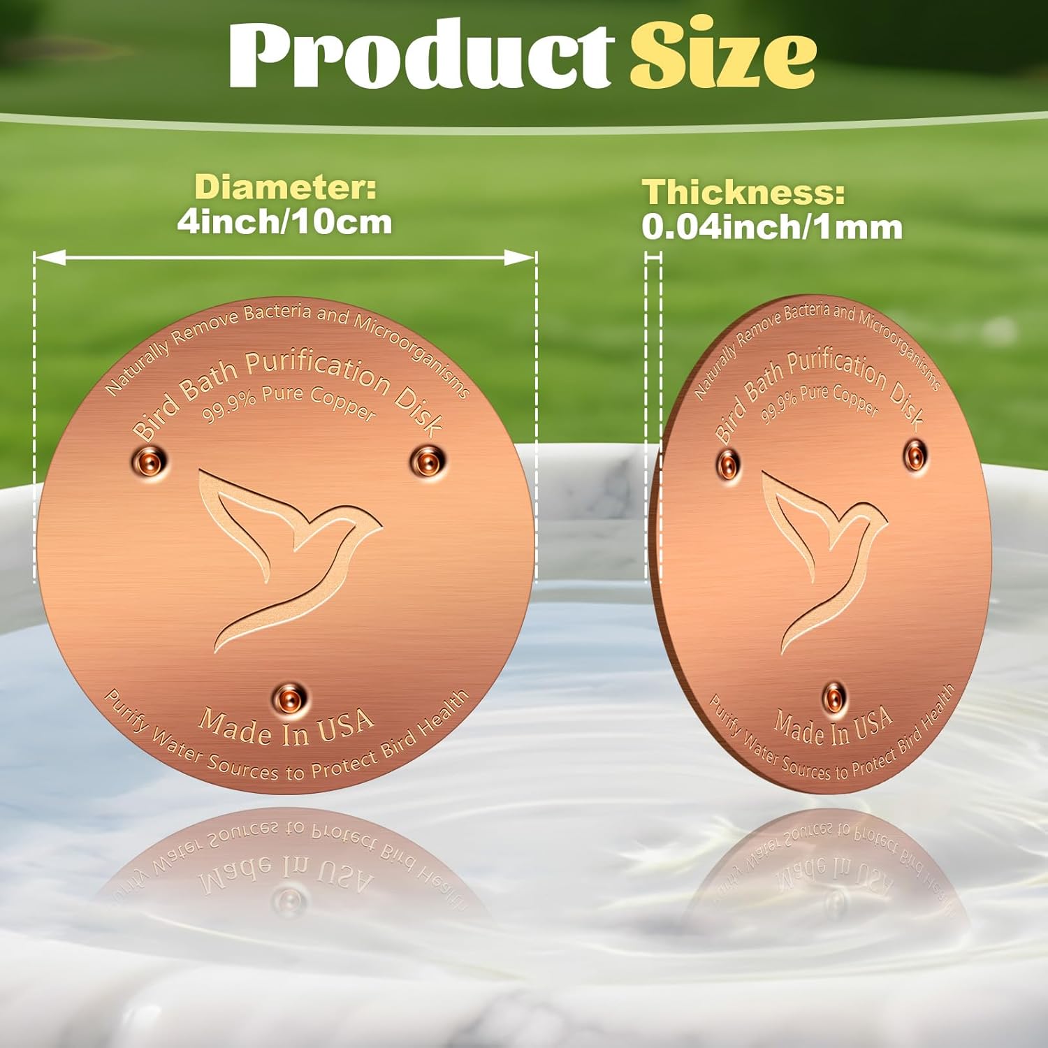 2PCS Bird Bath Copper Disk,1mm Thick Reinforced 99.99% Pure Copper Disc with Triple-Point Support,Bird Bath Accessories for Outside Birdbaths Bowls Physical Safe Water Cleaner for All-Season Use
