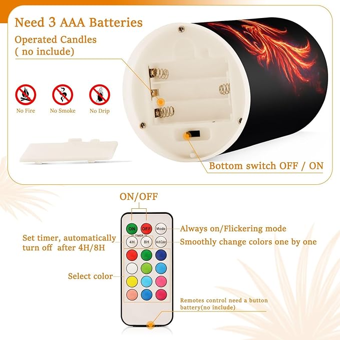 Flickering Flameless Candles, Dragon Phoenix LED Candles with Remote Timer, Set of 2 Battery Operated Candle for Valentine Wedding Birthday
