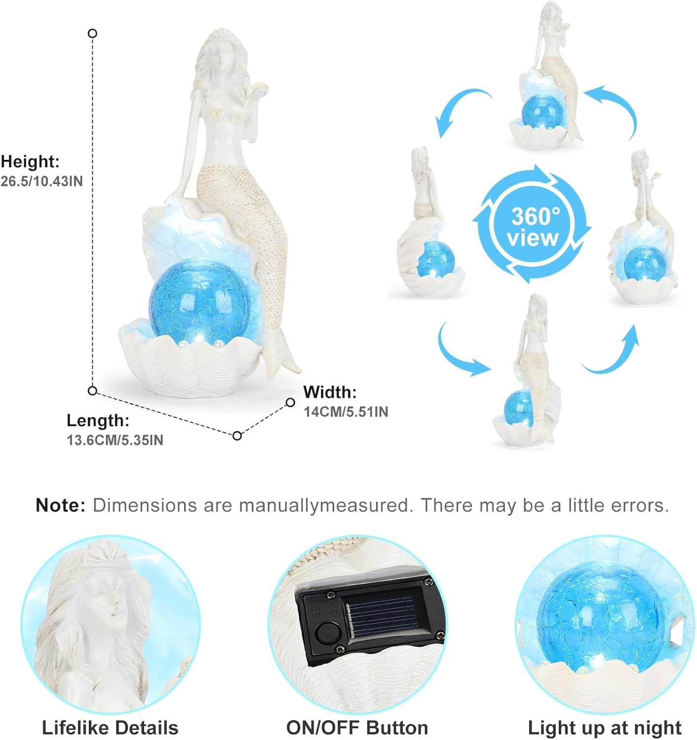 Solar Garden Mermaid Decor Outdoor Statue - Mermaid With LED Waterproof Sculptures Lights, Cute Mermaid Pond/Yard Statues Outside Decoration, Home, Lawn, Patio, Resin Animal Ornament, Gardening Gift