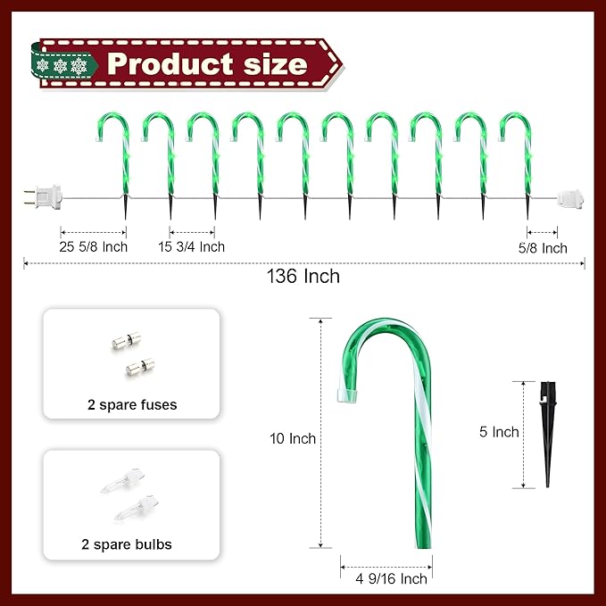 10" 10 Pack Christmas Candy Cane Lights, Candy Cane Lights with 10 Stakes for Walkway Patio Yard Patio Garden Festival Holiday Outdoor Indoor Landscape Path, Christmas Decorations Outside, Green