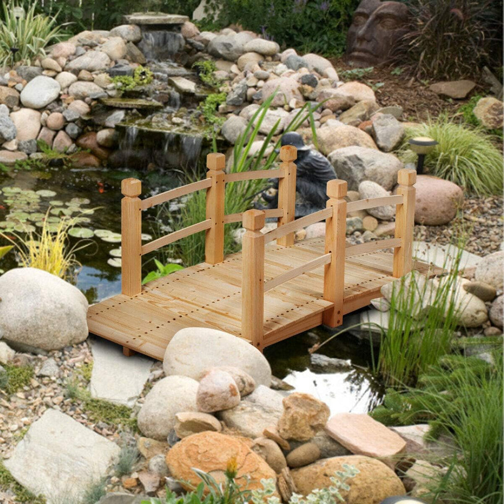 HAPPYGRILL Wooden Bridge, Natural Wood Garden Bridge with Guardrails, Outdoor Pond Bridge for Garden Backyard Decoration 5FT