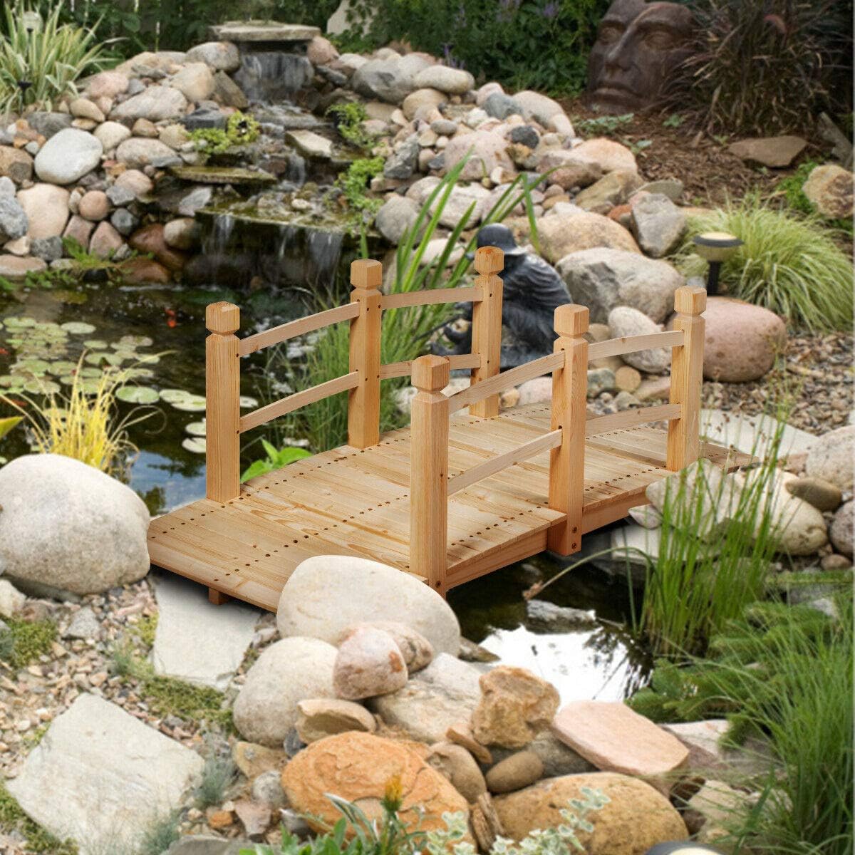 HAPPYGRILL Wooden Bridge, Natural Wood Garden Bridge with Guardrails, Outdoor Pond Bridge for Garden Backyard Decoration 5FT