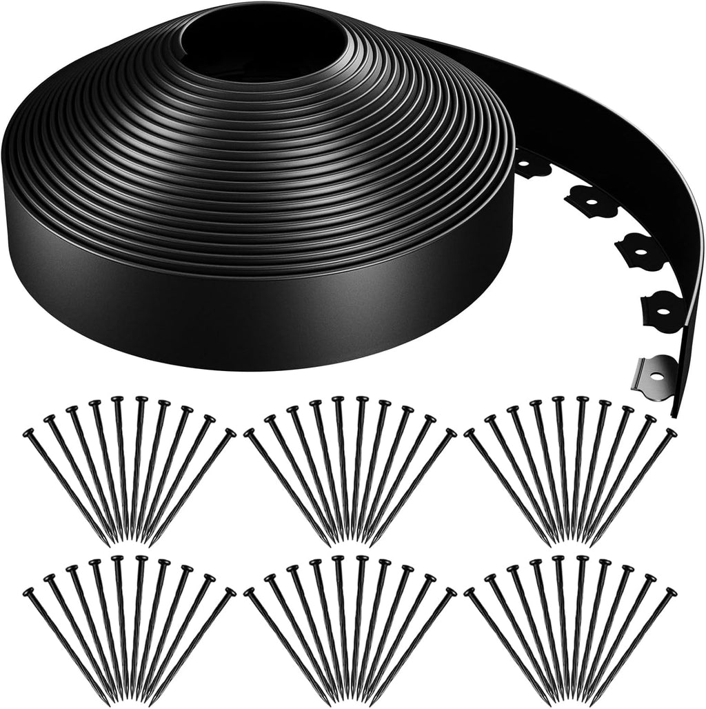 AGTEK 98FT Plastic Landscape Edging Kit 3inch Height No-Dig Garden Edging Border Lawn Edging Roll for Flower Bed Lawn Yard, Black, with 60 Anchoring Spikes