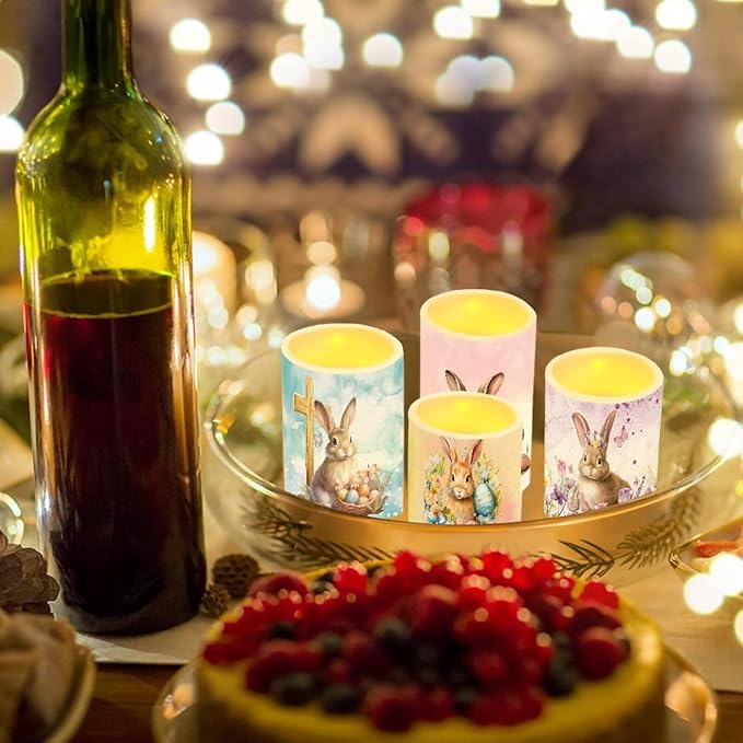 Flameless Light Candles Home Ornaments Battery Operated Candles with Color Changing Timer Remote Control Fake Pillar Candles Tealights Easter Home Decoration, Easter Bunny Colorful