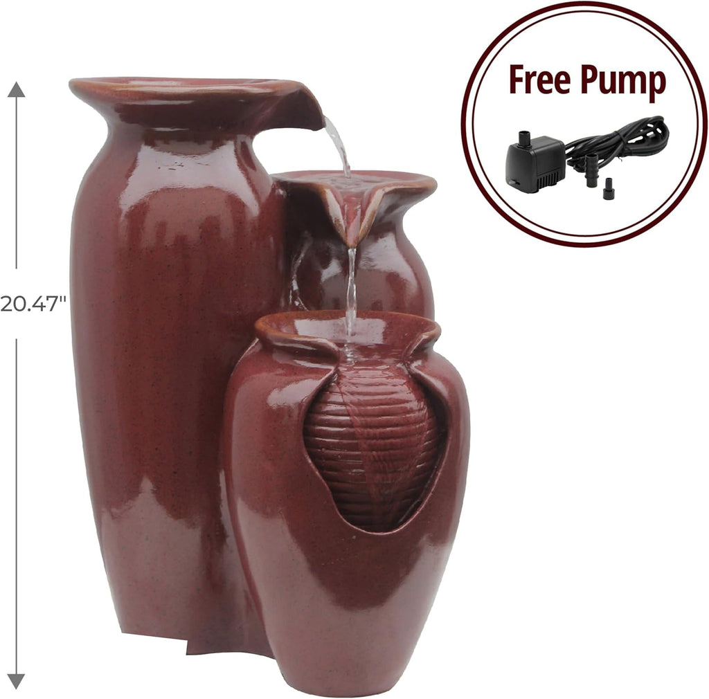 Teamson Home Jar 3 Tiered Floor Waterfall Fountain with Pump for Outdoor Patio Garden Backyard Decking, 20 Inch Height, Brown
