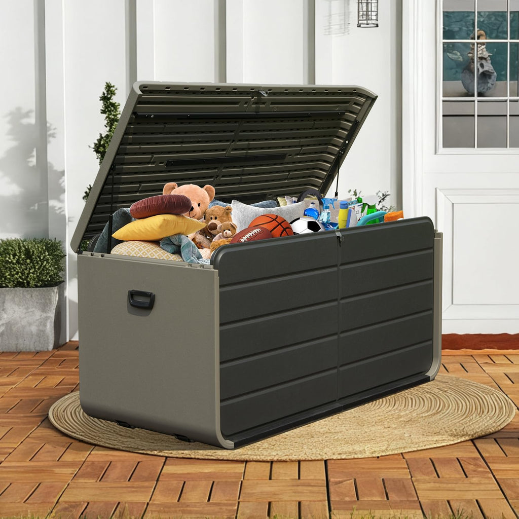 Domi 160 Gallon Outdoor Storage Box – Waterproof, UV-Resistant Deck Box with Lockable Lid for Patio Furniture, Garden Tools, Delivery Packages (Large Resin Storage Bin）