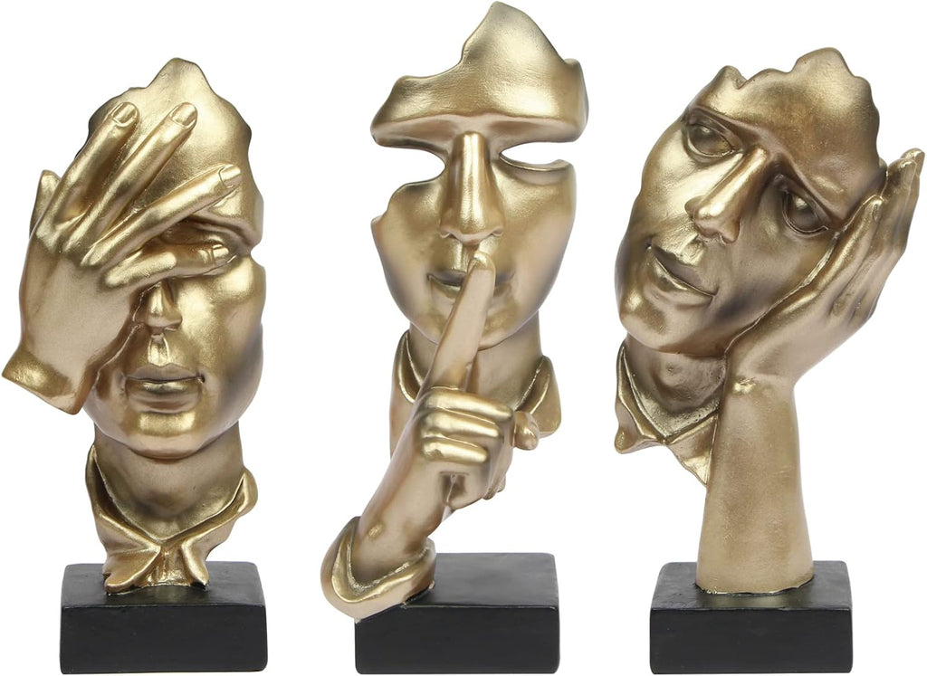 3 Pcs Thinker Statue, Silence is Gold Abstract Art Figurine, No Hear No See No Speak Modern Home Resin Sculptures Decorative Objects Decor for Home Office Bookshelf Desktop(Gold), A-41