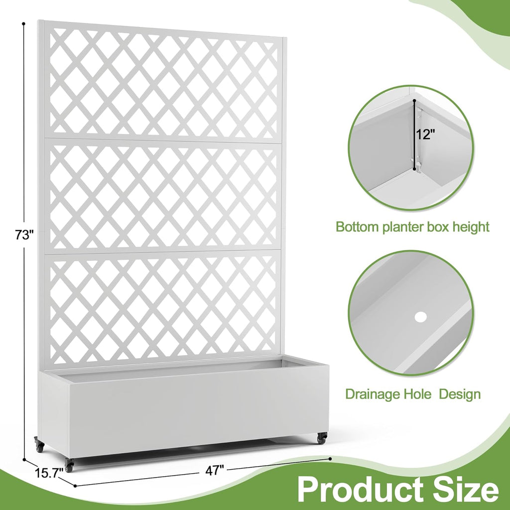Metal Planter Trellis Box with Wheels & Drain Plug Outdoor Raised Garden Bed Patio Privacy Screen with Planter for Climbing Plants, Vegetables 73"x47"x16" White-Diamond