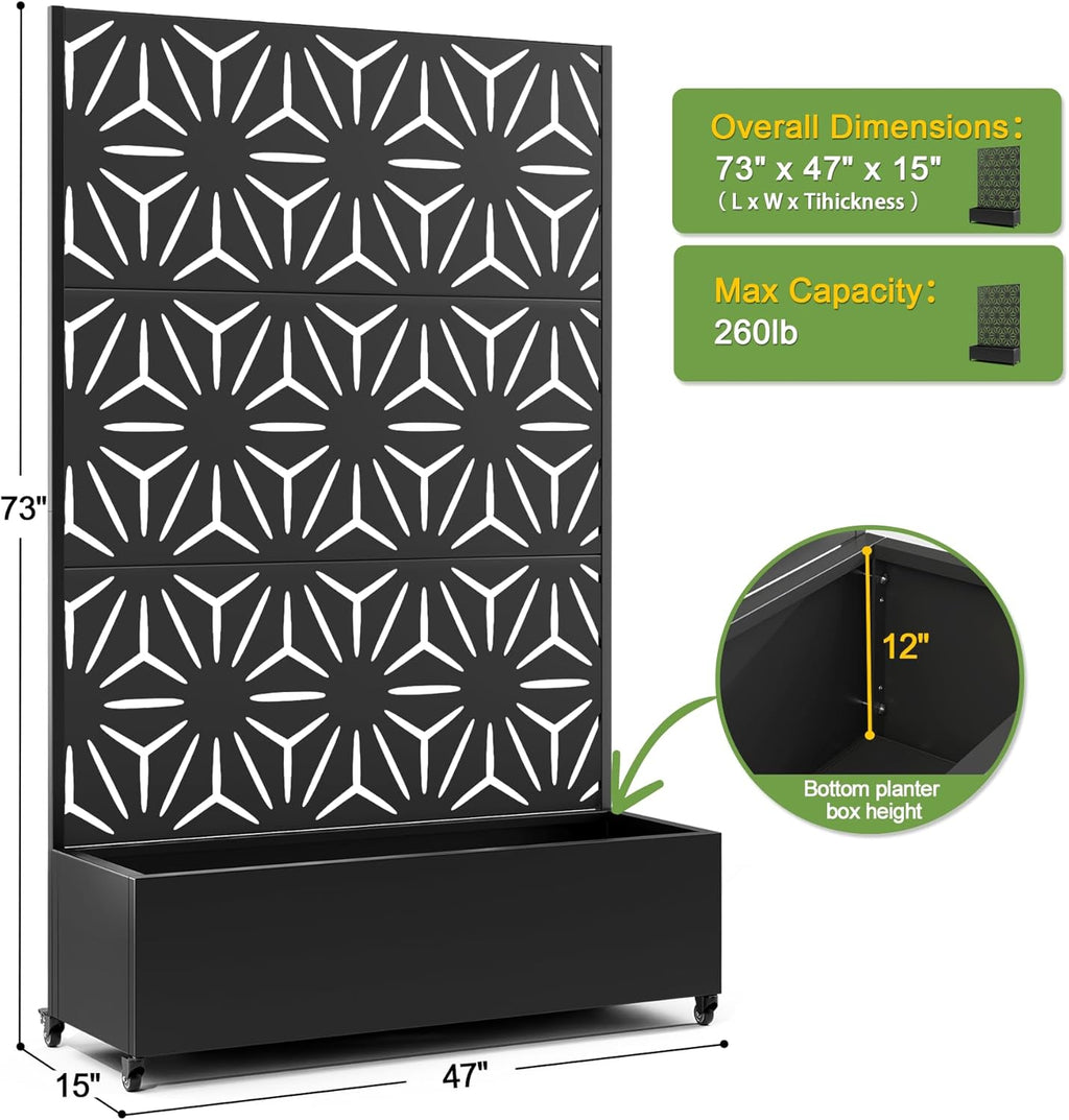 FENCY Metal Raised Garden Bed with Wheels and Trellis,73"x47"x16" Planter Box for Climbing Plants, Vegetables & Vines, Features Privacy Screen and Drainage Holes (Black-Star)