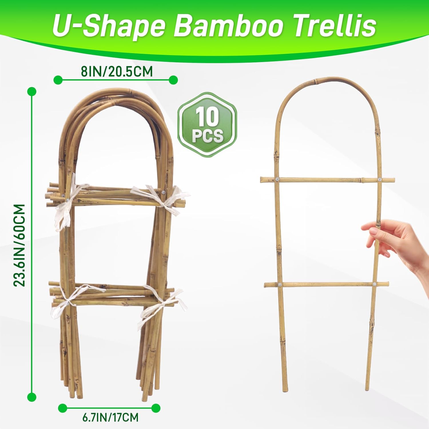 10 Pack 2ft U-Shape Bamboo Trellis for Climbing Plants, Natural Garden Trellis for Tomatoes, Cucumbers, Potted Plants, Vegetables Indoor Outdoor