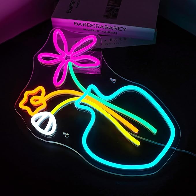 Flower Vase Neon Sign,Dimmable Neon Lights,Neon Flowers Sign for Wall Decor,Anime Flower Shape USB Connectivity Light Up Neon for Kids Room Girls Room Bar Birthday Party