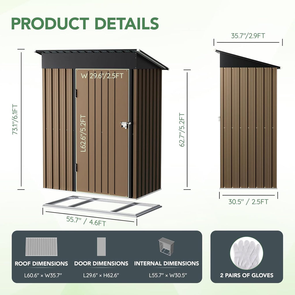 5X3FT Outdoor Steel Storage Shed with Lockable Doors, One Window,Ideal for Garden, Backyard, Patio Storage,Brown