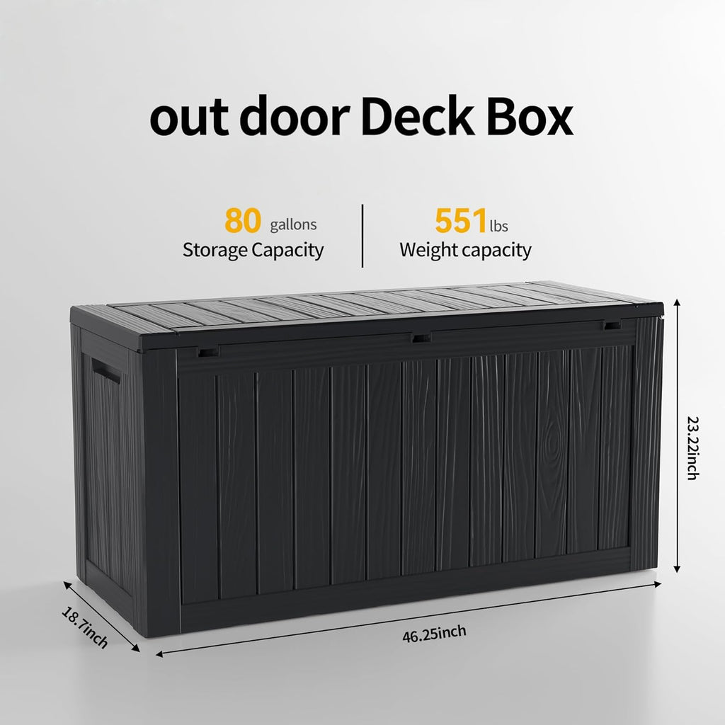 80 Gallon Deck Box, Resin Outdoor Indoor Waterproof Storage Box, Lockable Storage Box With Handle for Patio Furniture - Garden Tools - Swimming Pool Tools UV-Resistant, Black