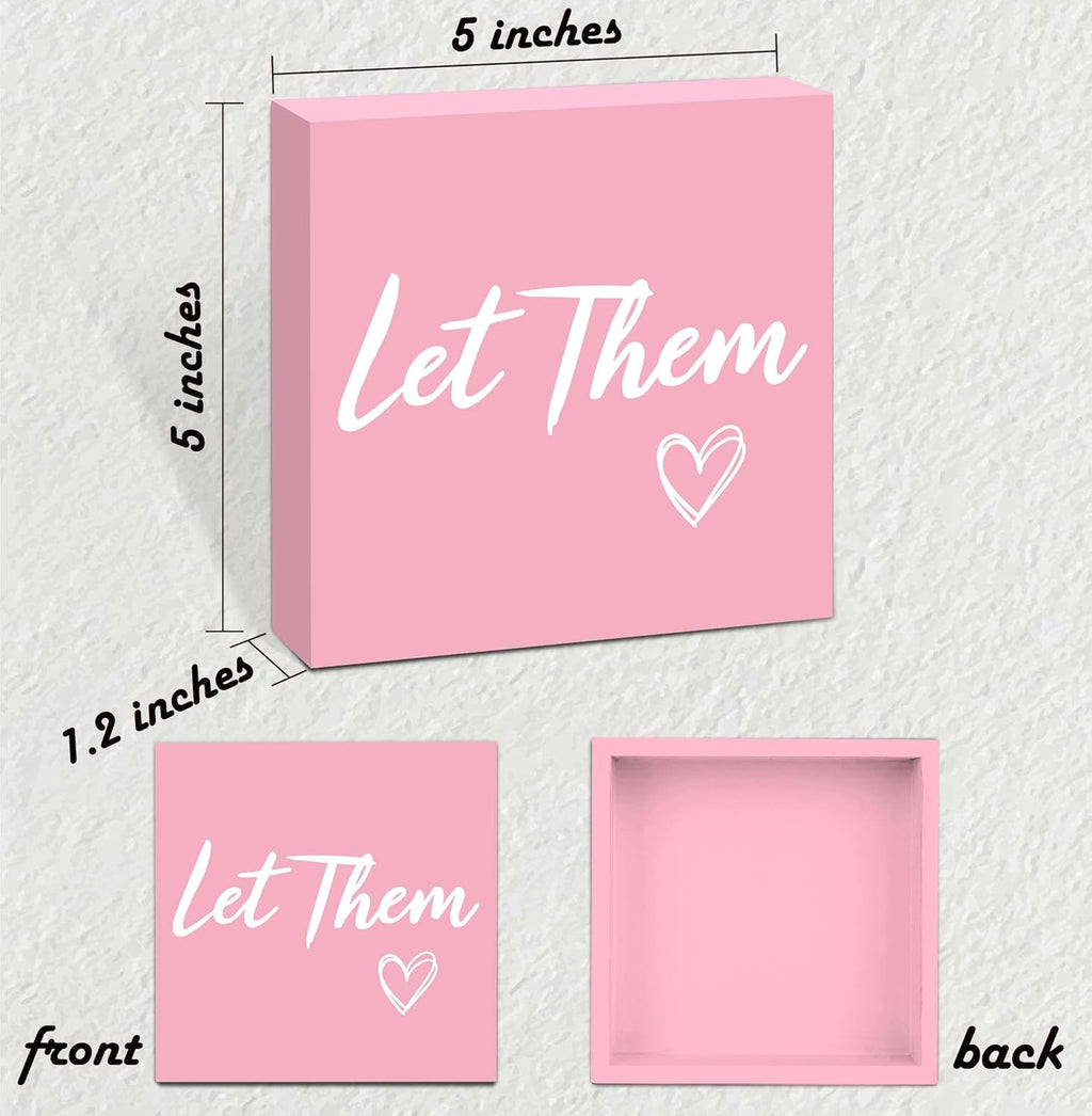 Let Them Wooden Box Sign 5 X 5", Farmhouse Desk Sign Boss Lady Office Cubicle Decor, Let Them Desk Accessories for Therapist Office Living Room Bathroom, Inspirational Boss Gifts for Women (Pink)