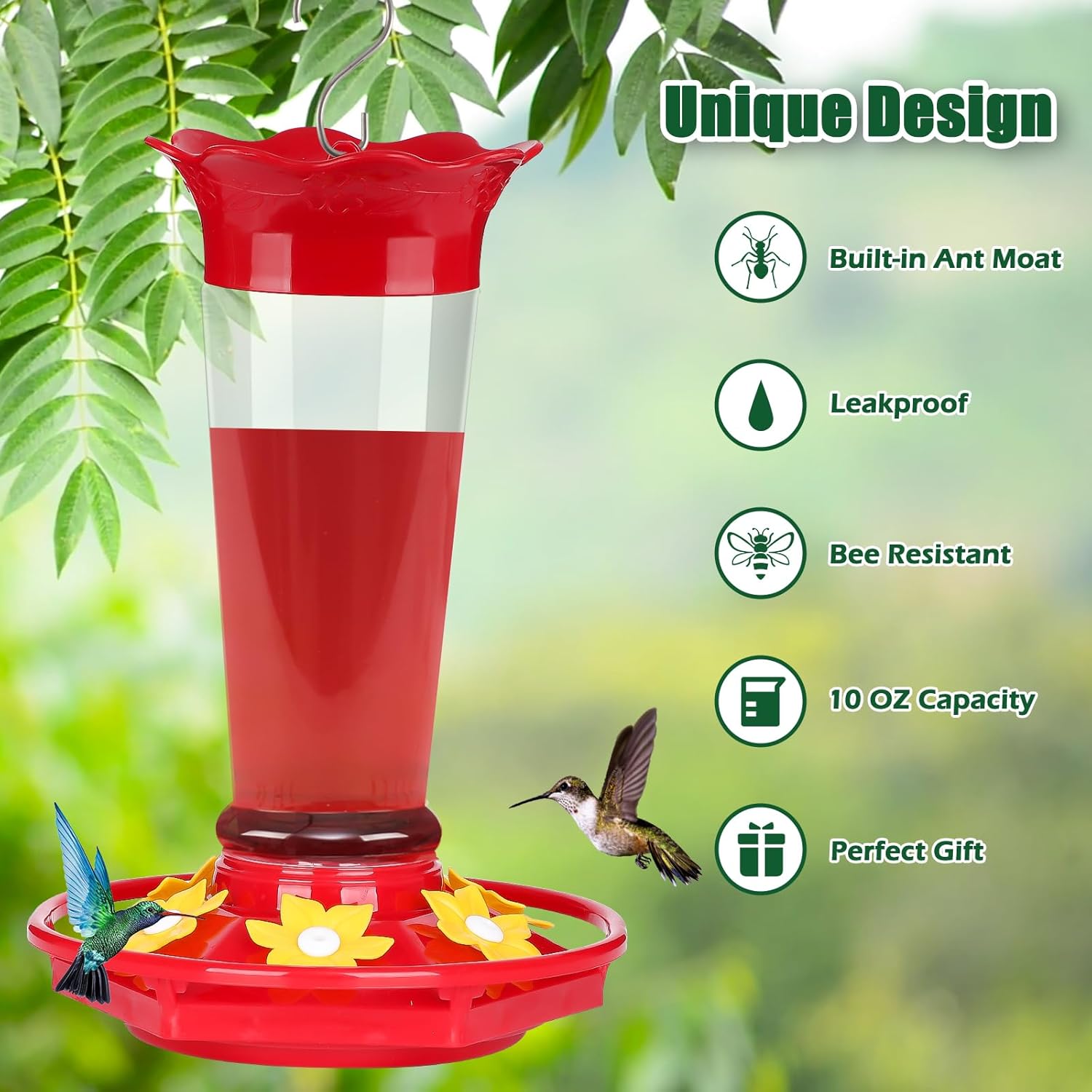 FEED GARDEN 10oz Plastic Hummingbird Feeders for Outdoors - 2 Pack, Ant & Bee Proof, 6 Feeding Ports, Easy Clean Red Nectar Feeders for Outside Hanging, Gifts for Mom
