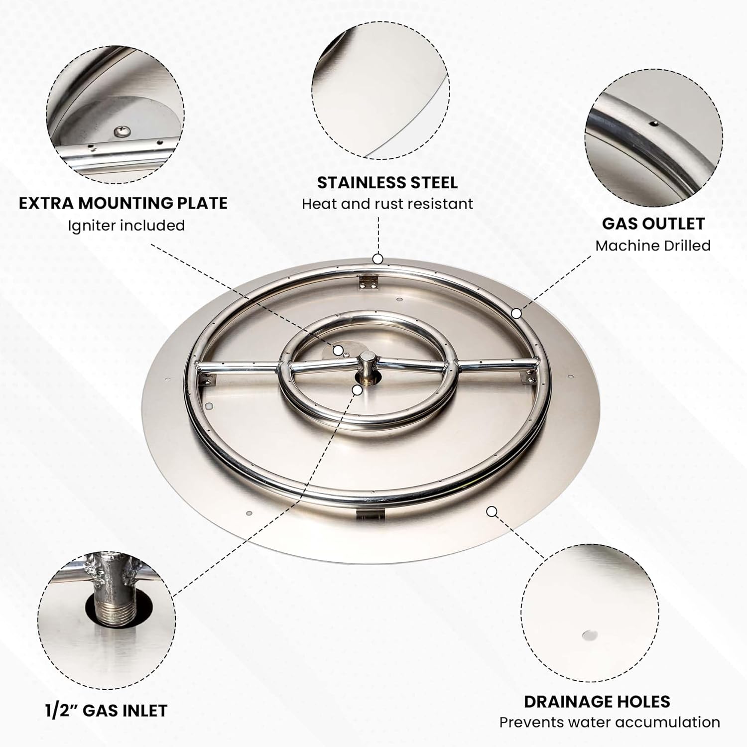 Stainless Steel Fire Pit Burner Pan & Ring Pro Kit for Liquid Propane, 22-Inch Pan, 18-Inch Ring, 150,000 BTU Max