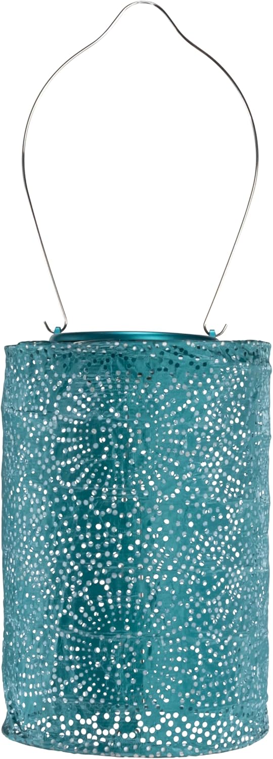 Allsop Soji Stella - Tin Art' Punched Luminaria - Cylinder - 7.5" - Outdoor Solar Latern - Metallic Emerald