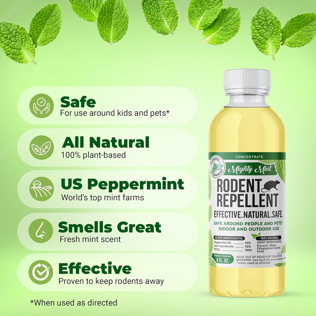 Mighty Mint Peppermint Oil Rodent Repellent Concentrate – Natural Indoor & Outdoor Control for Mice and Rats – Plant-Based, Extra-Strong Formula - 16 oz