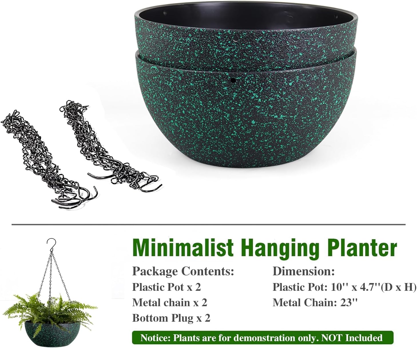 10inch Hanging Planters for Outdoor Indoor Plants with Drainage Holes and Chain, 2 Pack Round Hanging Flower Pots for Garden Home Porch Decor, Black with Green Speckles