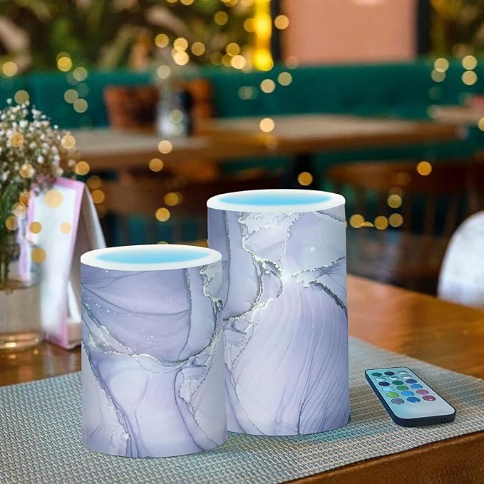 Flickering Flameless Candles, Purple Marble Lavender Liquid LED Candles with Remote Timer, Set of 2 Battery Operated Candle for Valentine Wedding Birthday