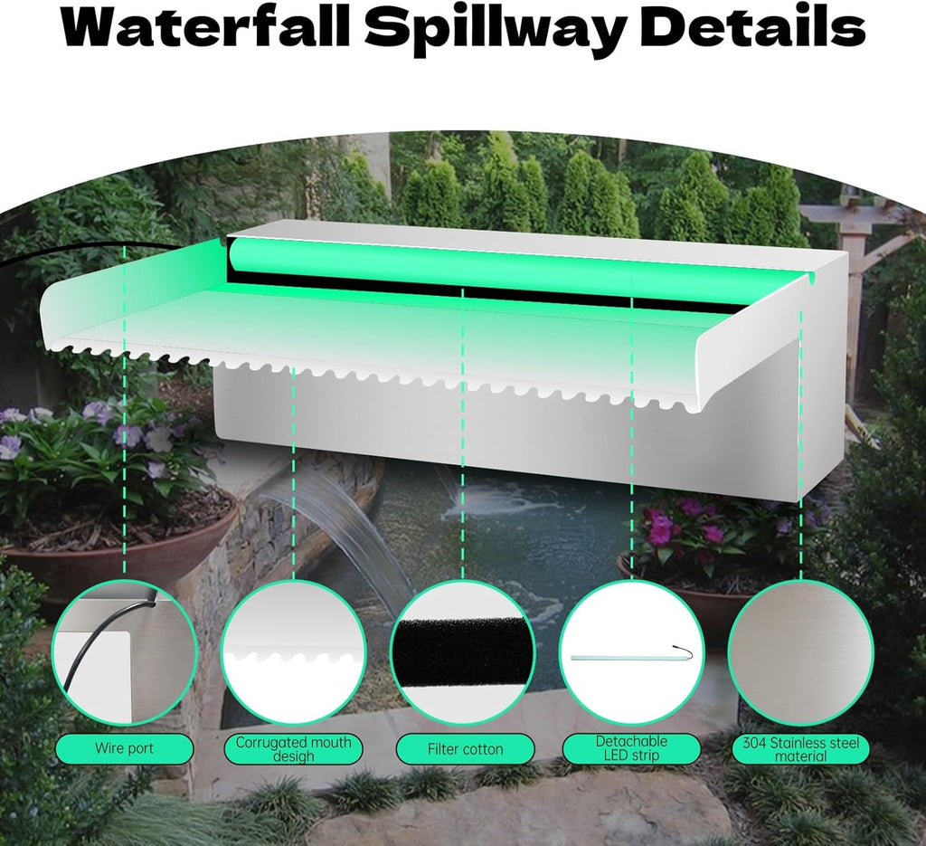 Waterfall Spillway Stainless Steel Pond Waterfalls with Color Changing LED Light, Outdoor Pool Fountain Water Feature Kit for Garden Patio Swimming Pool Koi Ponds Decor-24"x8"x4"