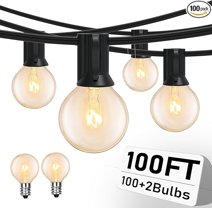 100FT String Lights, G40 Outdoor String Lights Edison Light Bulbs Clear Globe Lights for Backyard Patio Lights Indoor/Outdoor Commercial Decoration -5 Watt/120 Voltage/E12 Base -Black Wire