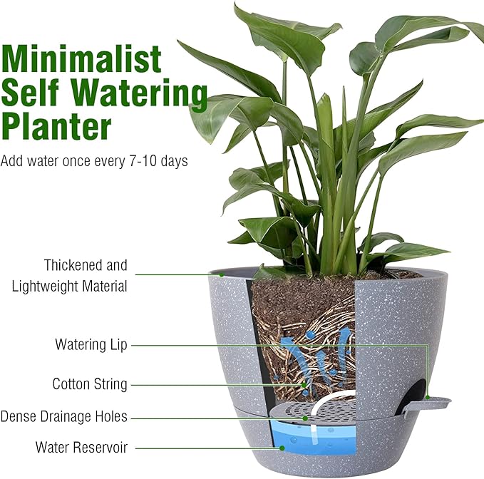 12 inch Large Self Watering Pots, Planter, Plant Pots with Mesh Drainage Holes for Indoor Outdoor House Plants and Garden, Plastic Flower Pots with Deep Reservoir, Speckled Grey