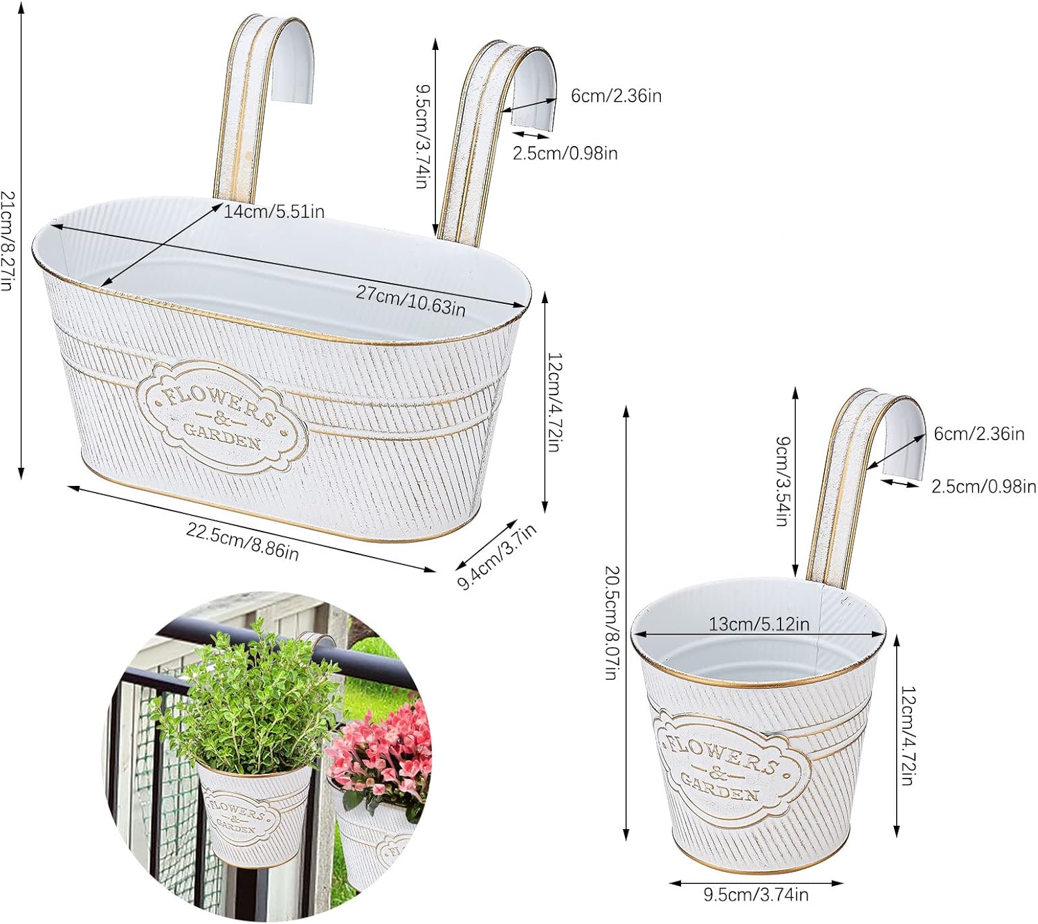 PerGar Vintage Metal Iron Wall Hanging Flower Pots, Rustic Planter Bucket Herb Flower Plant Holder with Detachable Hooks & Drainage Hole for Railing Fence Balcony Deck Garden Home Decoration, Set of 3