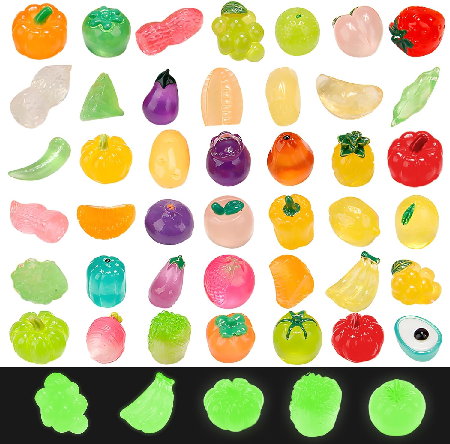 60 pcs Mini Luminous Fruits Vegetables Figurines, Resin Tiny Artificial Fruit Vegetables Glow in The Dark, Fake Miniature Food Decoration for DIY Art Crafts Miniature Landscapes Garden Home