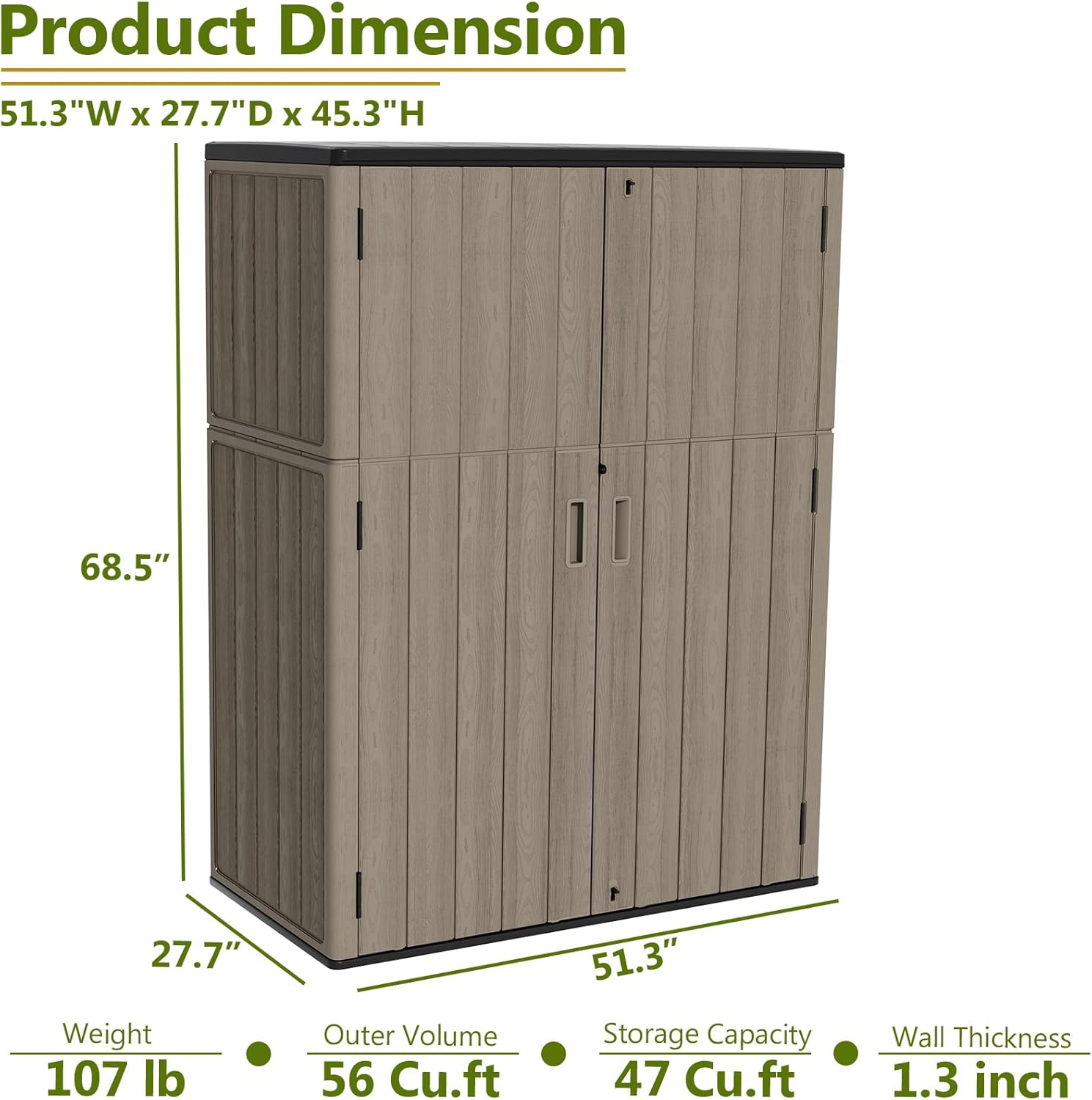 HOMSPARK 47 Cu.Ft Outdoor Storage Shed Weather Resistant, Multi Functional | Double-Wall Resin Storage Sheds & Outdoor Storage Box Waterproof for Backyard Garden Patio Lawn (Brown)