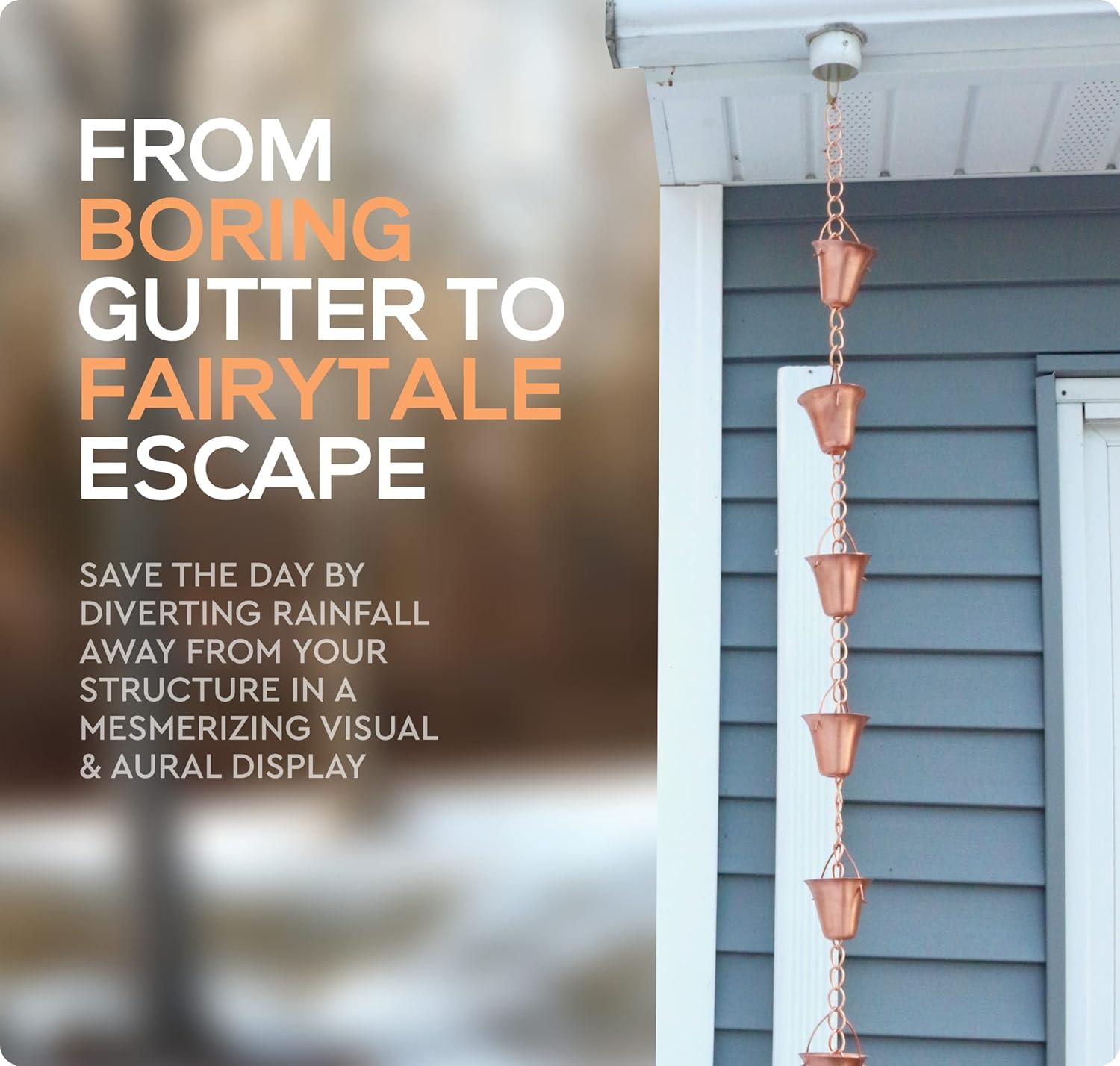 Copper Rain Chain – Decorative Chimes & Cups Replace Gutter Downspout & Divert Water Away from Home for Stunning Fountain Display – 3’ Long for Universal Fit – Bell Style