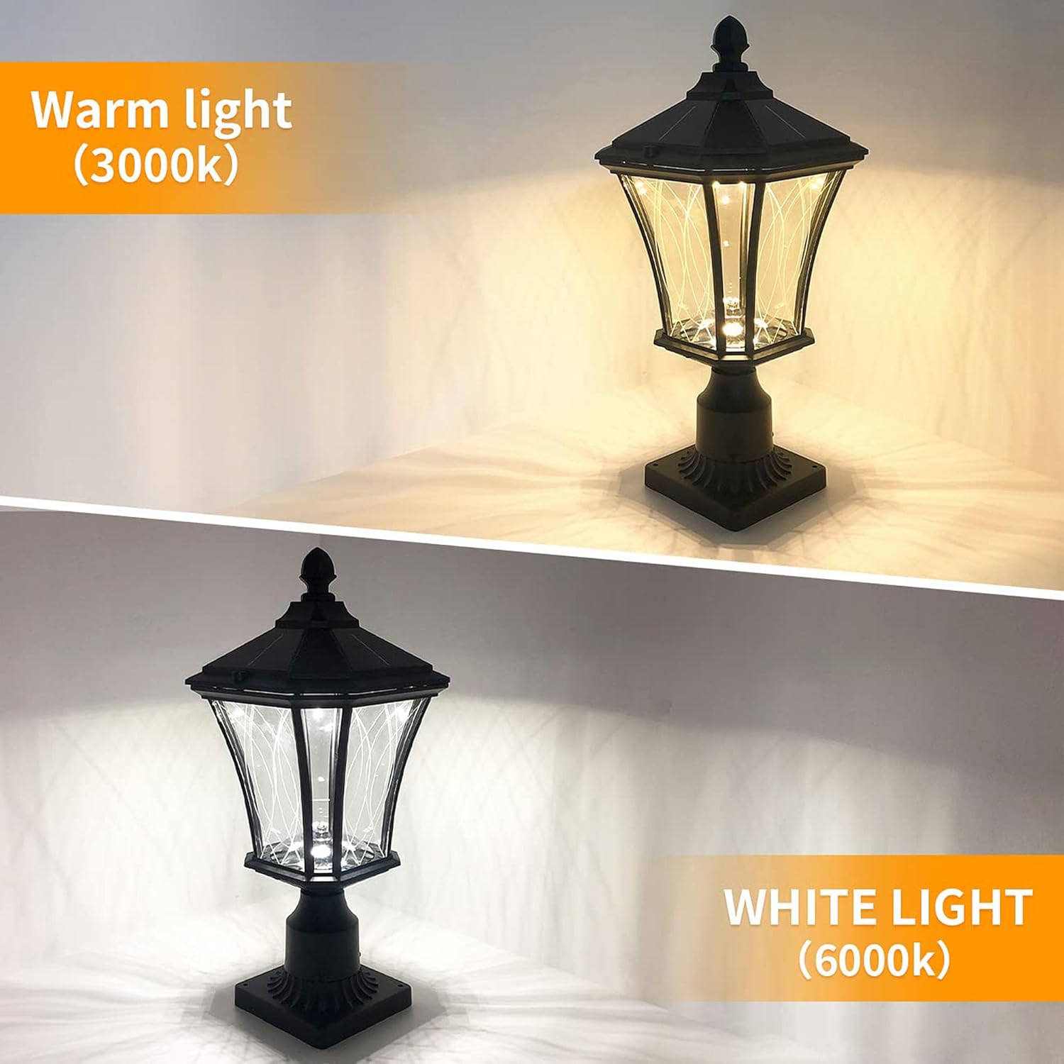 Solar Post Lights Dusk to Dawn Outdoor Solar Lamps with Pier Mount Base, Waterproof Exterior Pole Lights Head with Patterned Glass, Pillar Light for Outside House, Driveway, Black