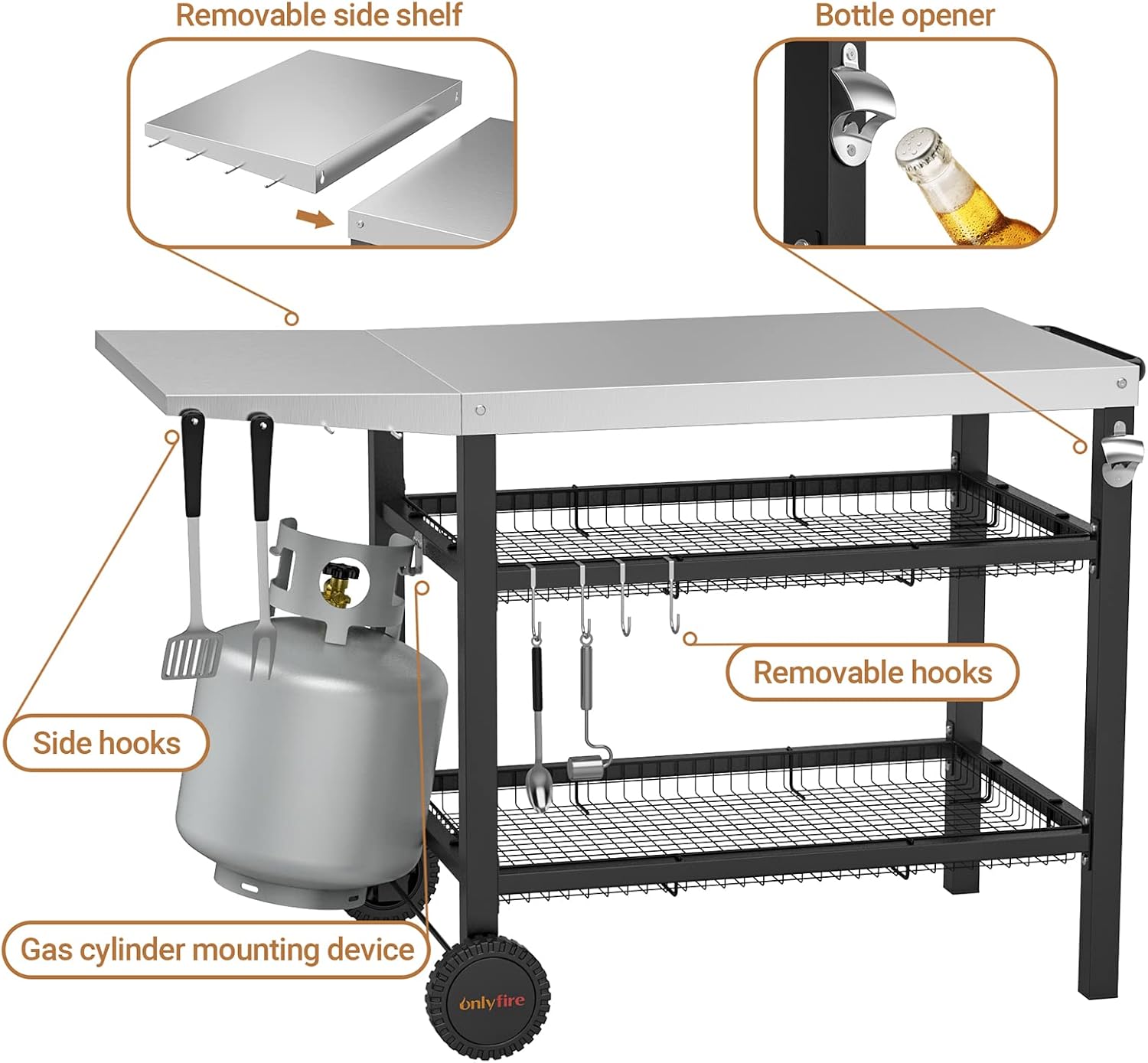 only fire Pizza Oven Table Cart for Ooni, Ninja Woodfire, Blackstone Griddle, Cuisinart Pizza Oven, Outdoor Stainless Steel Food Prep Table Movable Food Prep Cart Grill Stand with Storage Basket