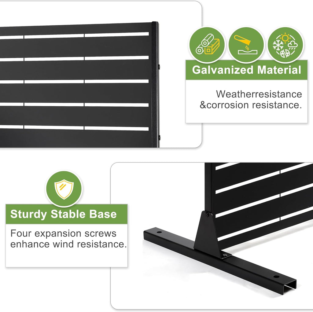 FENCY Metal Privacy Screen with Stand 72" H×44" W Outdoor Freestanding Privacy Panels, Outdoor Privacy Screen for Deck Patio Balcony(Black-Louvered)