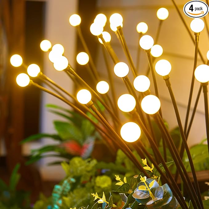 Brightown Solar Garden Lights - 4 Pack 12 LED Firefly Lights, Sway by Wind, Waterproof, Warm White