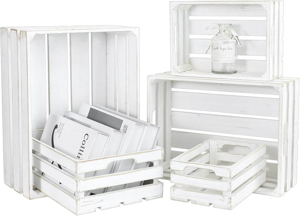 5-Piece Farmhouse Wooden Crate Set - Rustic Wooden Crates for Display and Storage, Large Whitewashed Decorative Crates, Farmhouse Apple Crates, Painted Wood Crates for Decor