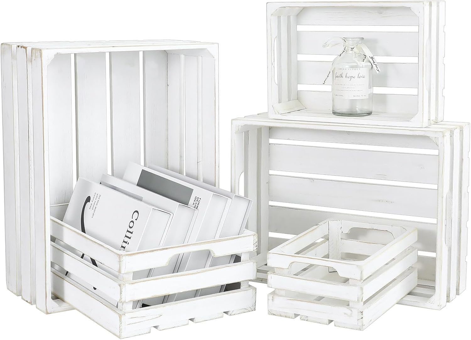 5-Piece Farmhouse Wooden Crate Set - Rustic Wooden Crates for Display and Storage, Large Whitewashed Decorative Crates, Farmhouse Apple Crates, Painted Wood Crates for Decor