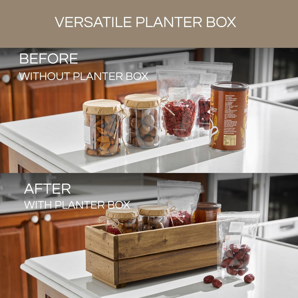 Wooden Planter Box, Storage Box 17”L x6”W x5.5”H with Crate Style, Acacia Wood Flower Container, Rustic Rectangle Planter for Planting, Decor and Storage - 3 Colors (Natural)