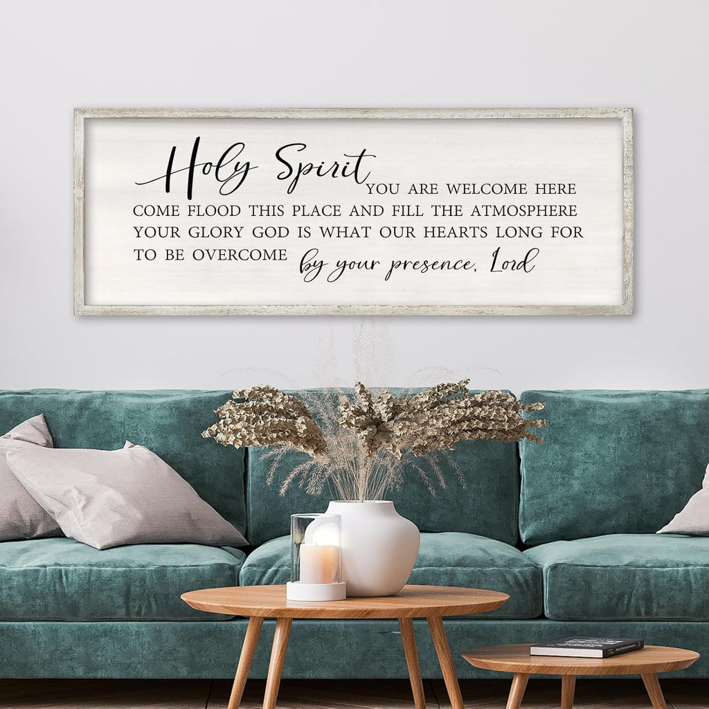 RLWangChao Christian Inspirational Wall Decor Holy Spirit You are Welcome Here Sign 40×15 Inch Bible Verse Plaque Religious Scripture Quote for Living Room Large Wood Framed Wall Hanging (White)