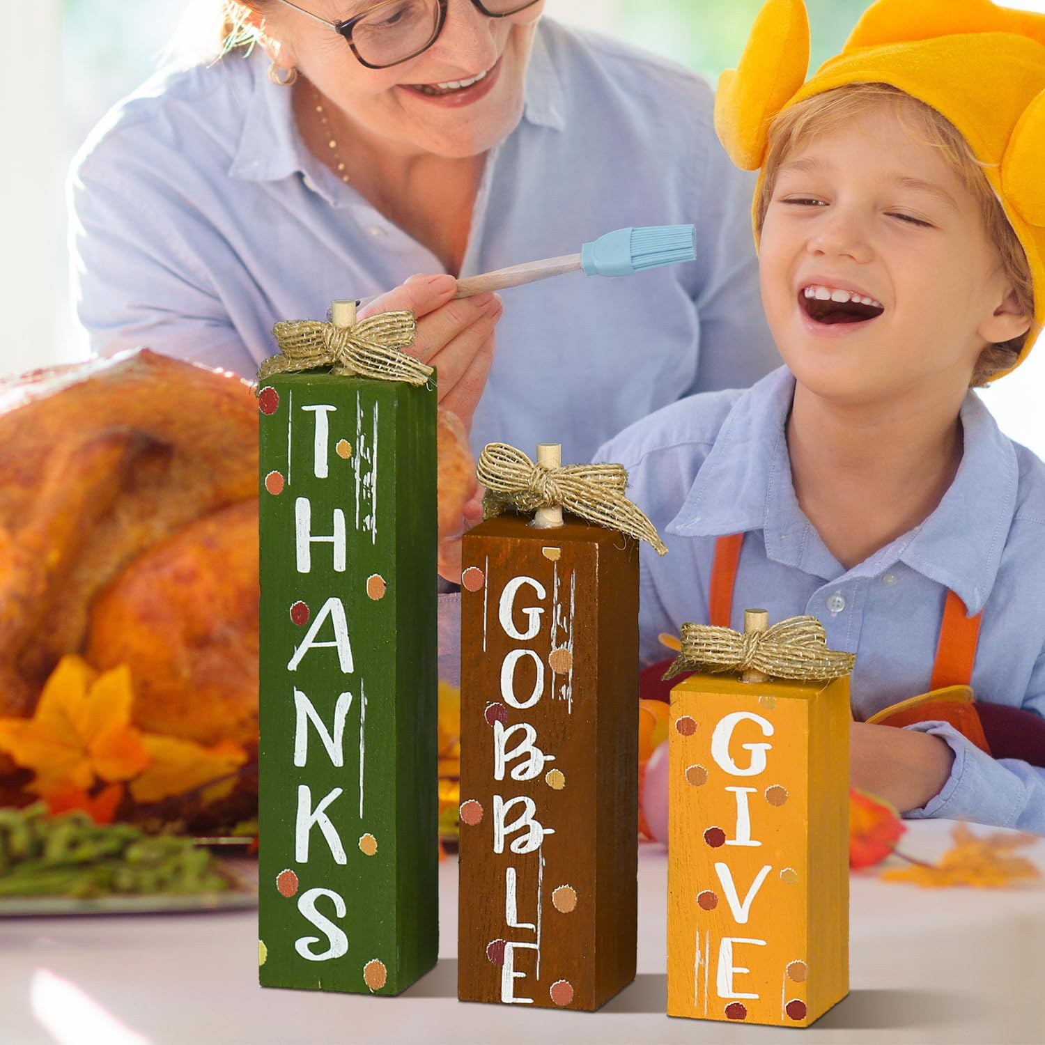 Smile Thanksgiving Decor Indoor Wooden Sign, Give Thanks Gobble Decor for Rustic Farmhouse Home, Thanksgiving Table Tiered Tray Kitchen Decorations.