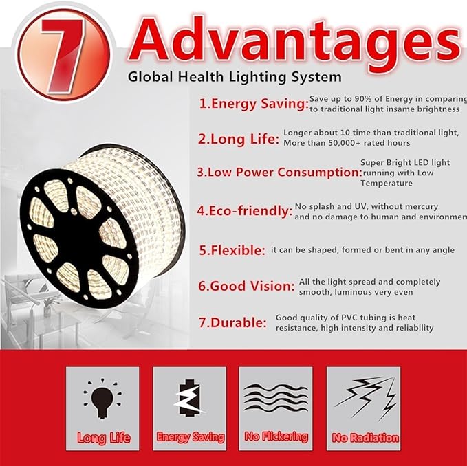 5050-60 Type AC 110-120V LED Strip Lights, Flexible/Waterproof/Dimmable/Multi-Modes LED Rope Light + 23 Keys Remote for Home/Garden/Building Decoration (98.4ft/30m, Warm White 3500K)