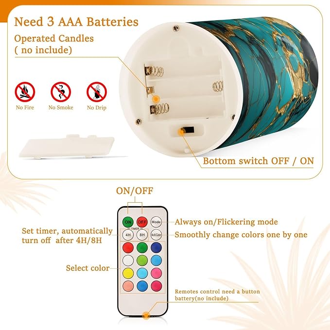 Flickering Flameless Candles, Turquoise Golden Marble LED Candles with Remote Timer, Set of 2 Battery Operated Candle for Valentine Wedding Birthday
