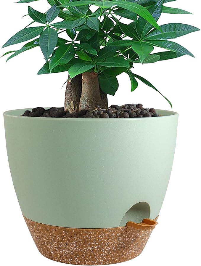12 inch Large Self Watering Pots, Plastic Planters with 60oZ Removable Deep Reservoir and Multi Mesh Drainage Holes for Indoor Outdoor Garden Plants and Flowers, Green with Brown