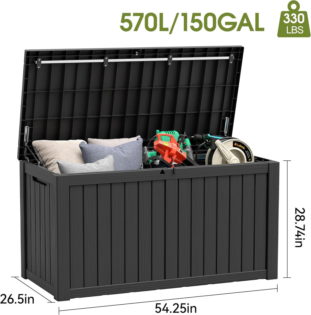 NUNU LAB 150 Gallon Outdoor Storage Box,Resin Large Sturdy Deck Box, Backyard Outside Storage Box Waterproof with Double Wall Panels,Package Delivery Garden Outdoor Hose Storage Bin