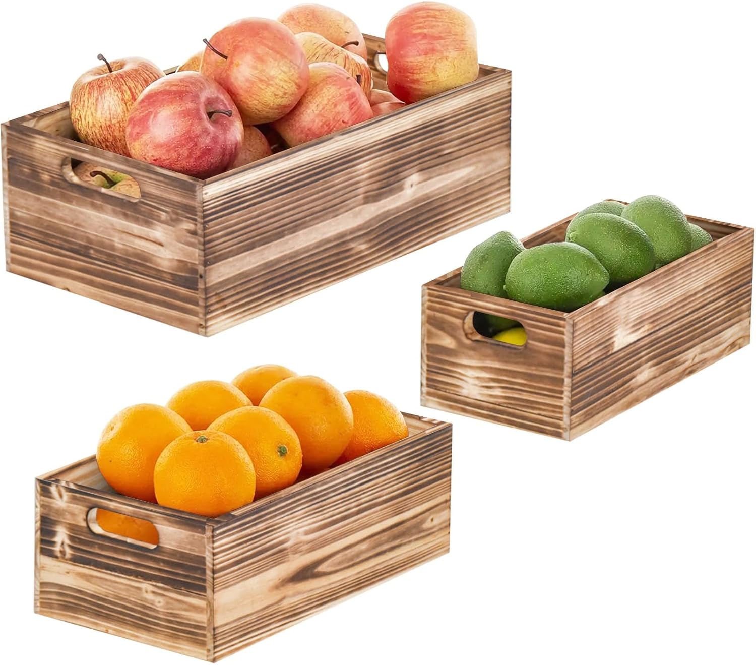 Set of 3 Wooden Boxes for Storage Small Torched Brown Wood Crates for Display and Organizing, Farmhouse Style Storage Boxes for Crafts Decor, Home Pantry and Living Room