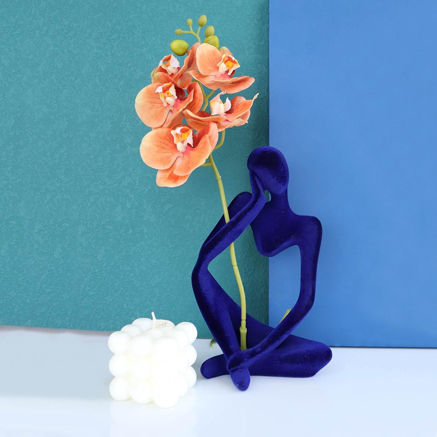 Abstract Thinker Statues and Sculptures, Resin Blue Flocked Thinker Statue Ornaments, Housewarming Gifts, Modern Figurines Decor for Living Room Dining Room Bathroom Office Desk